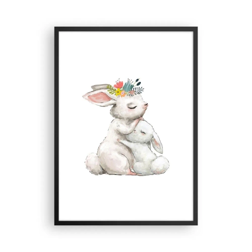 Póster en marco negro - Dos conejitos abrazados con una corona de flores en la cabeza. - 50x70cm - En ningún lugar mejor que con mamá - Decoración de pared moderna para salón y dormitorio ARTTOR