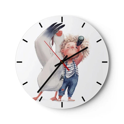 Reloj de pared - Reloj de vidrio - Un niño con binoculares y un pájaro grande sobre un fondo blanco. - 30x30cm - Un plan para un gran viaje - Decoración de pared moderna para salón, cocina y dormitorio ARTTOR