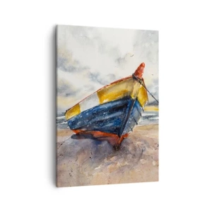 Cuadro sobre lienzo - Impresión de Imagen - Un pintoresco barco en la playa bajo un cielo nublado. - 50x70cm - Descansando en la orilla - Decoración de pared moderna para salón y dormitorio ARTTOR