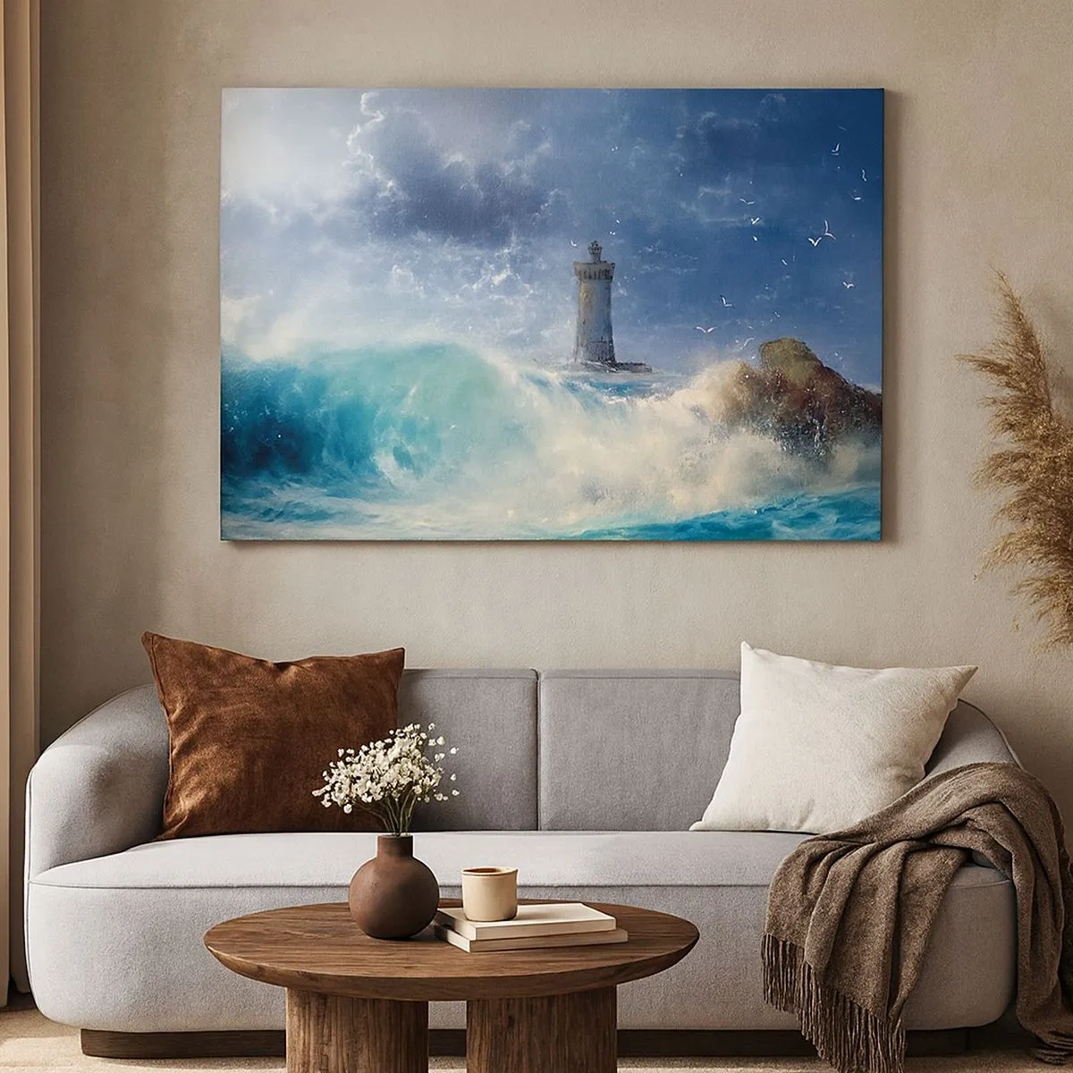 Cuadro sobre lienzo - Impresión de Imagen - Un faro rodeado de fuertes olas y nubes. - 70x50cm - En guardia contra los elementos - Decoración de pared moderna para salón y dormitorio ARTTOR