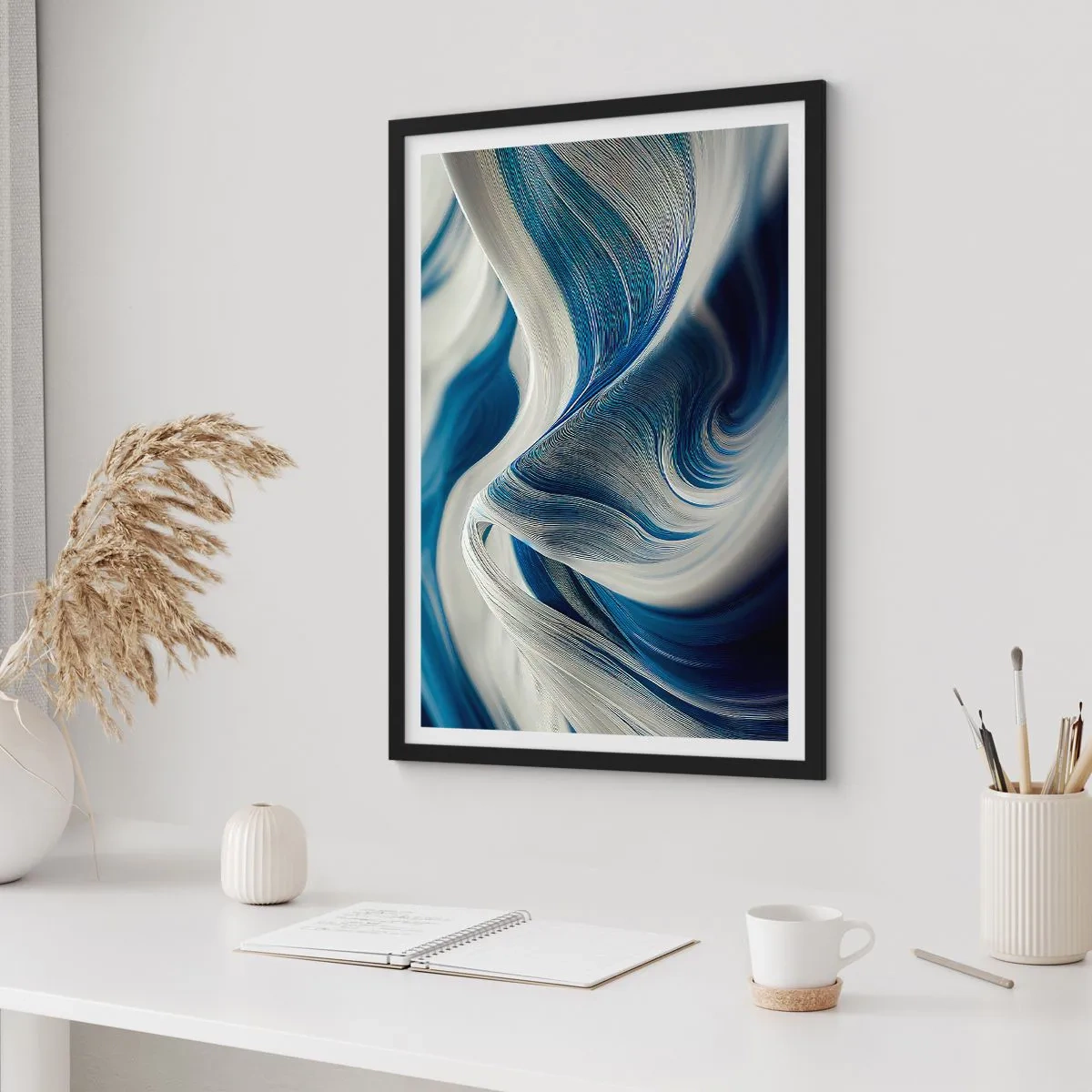 Póster en marco negro - Fluidez de azul y blanco - 61x91 cm