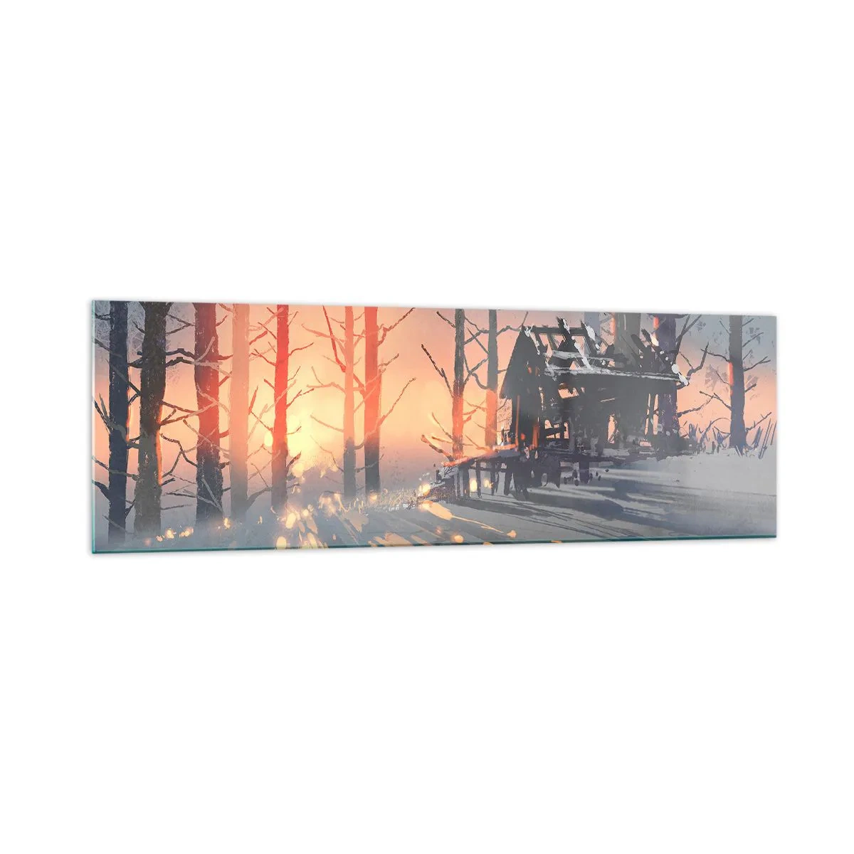 Cuadro sobre vidrio - Impresiones sobre Vidrio - Una cabaña forestal en un paisaje invernal con los rayos del sol poniente. - 160x50cm - Solo el sol es testigo - Decoración de pared moderna para salón y dormitorio ARTTOR