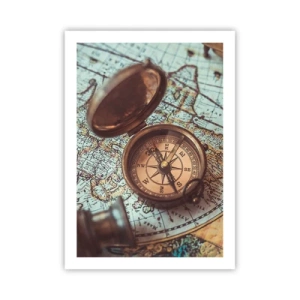Póster - Una brújula antigua sobre un fondo de mapa del mundo. - 50x70cm - Para el aventurero - Decoración de pared moderna para salón y dormitorio ARTTOR