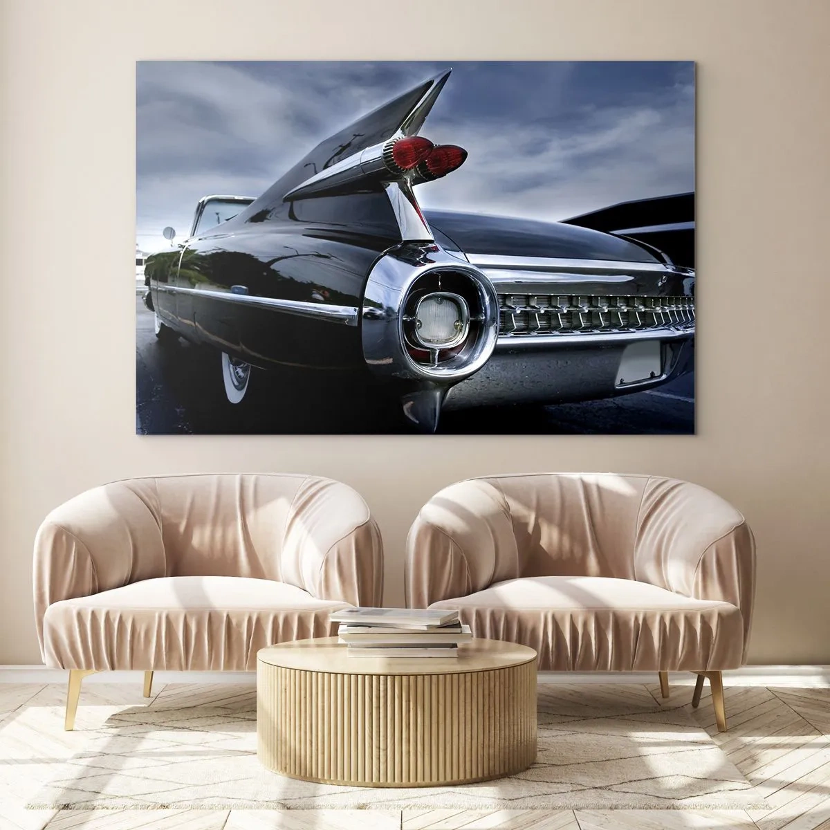 Cuadro sobre vidrio - Impresiones sobre Vidrio - Luces traseras elegantes de coche clásico en pintura negra brillante - 100x70cm - ¡Por eso es hermoso! - Decoración de pared moderna para salón y dormitorio ARTTOR