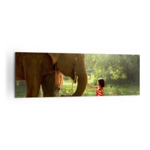 Cuadro sobre lienzo - Impresión de Imagen - Una niña con un vestido rojo tocando un elefante en el bosque. - 160x50cm - El poder de la amistad - Decoración de pared moderna para salón y dormitorio ARTTOR