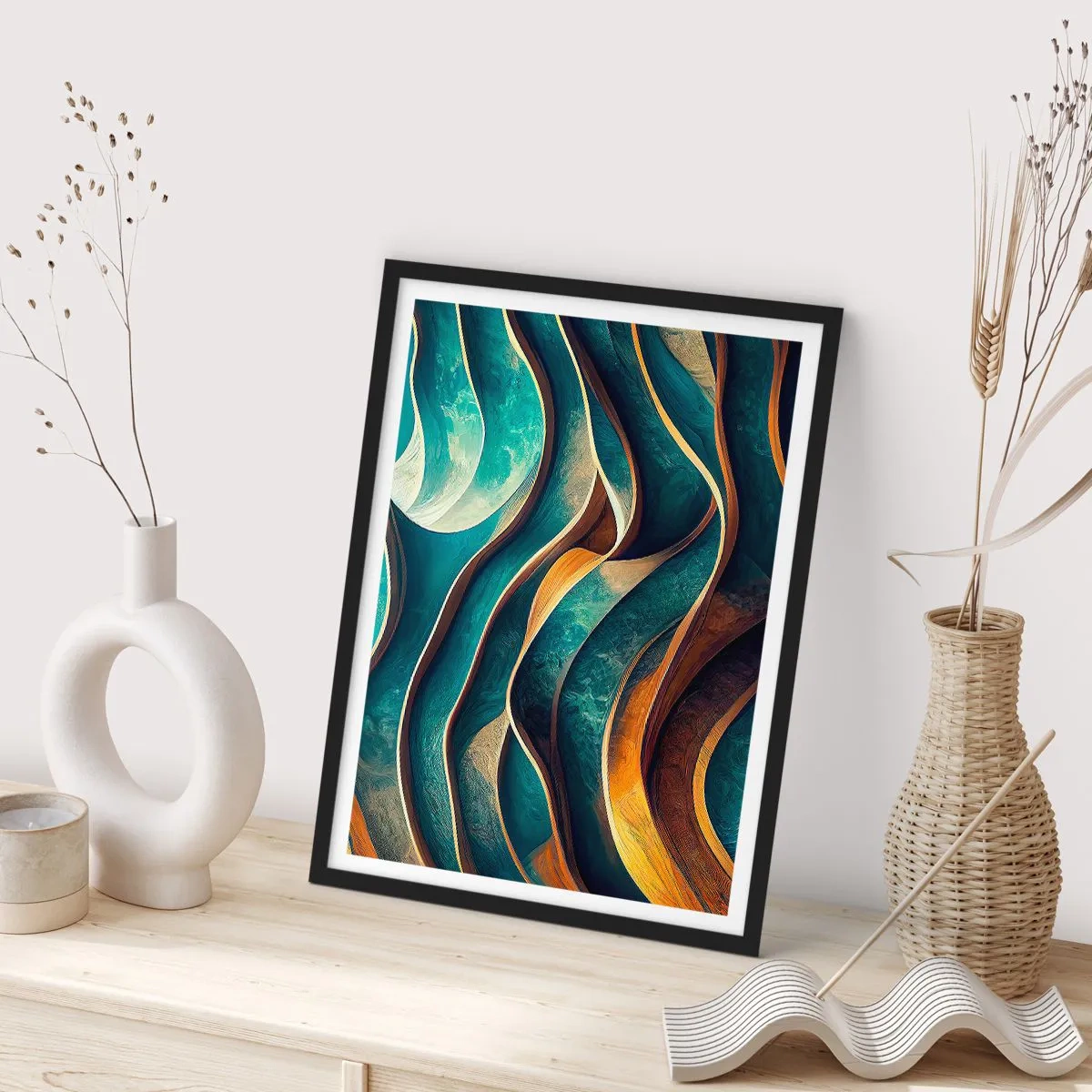 Póster en marco negro - Una composición abstracta de formas onduladas en tonos turquesa. - 50x70cm - Meandros de azul - Decoración de pared moderna para salón y dormitorio ARTTOR