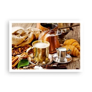 Póster - Una taza de café dorada rodeada de granos, jarras y croissants. - 100x70cm - Que tengas un buen día - Decoración de pared moderna para salón y dormitorio ARTTOR