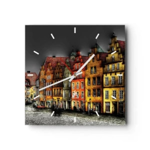 Reloj de pared - Reloj de vidrio - Coloridas casas de vecindad en una calle adoquinada en el centro histórico - 30x30cm - Solo falta un carruaje encantado - Decoración de pared moderna para salón y dormitorio ARTTOR