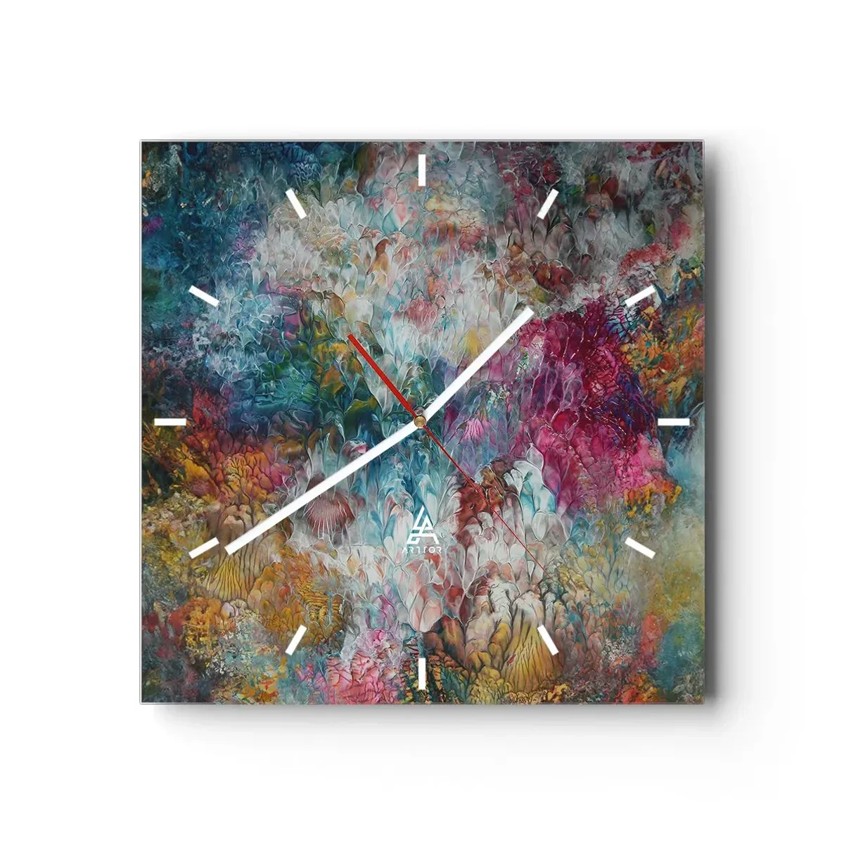 Reloj de pared - Reloj de vidrio - Una abstracción colorida que se asemeja a flores en flor. - 30x30cm - En plena floración - Decoración de pared moderna para salón y dormitorio ARTTOR