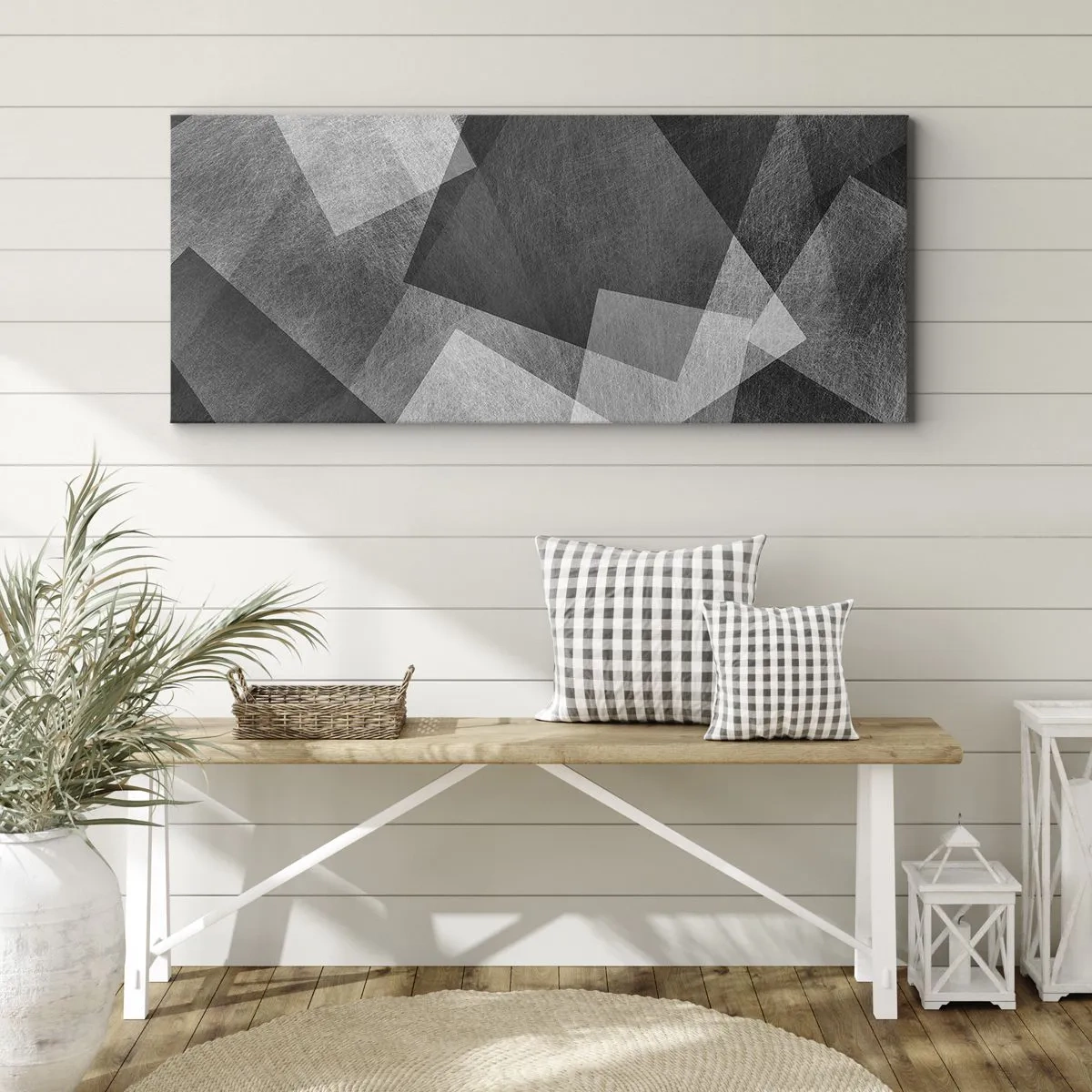 Cuadro sobre lienzo - Impresión de Imagen - Abstracción en blanco y negro con formas geométricas. - 120x50cm - Un símbolo eterno de permanencia y orden - Decoración de pared moderna para salón y dormitorio ARTTOR