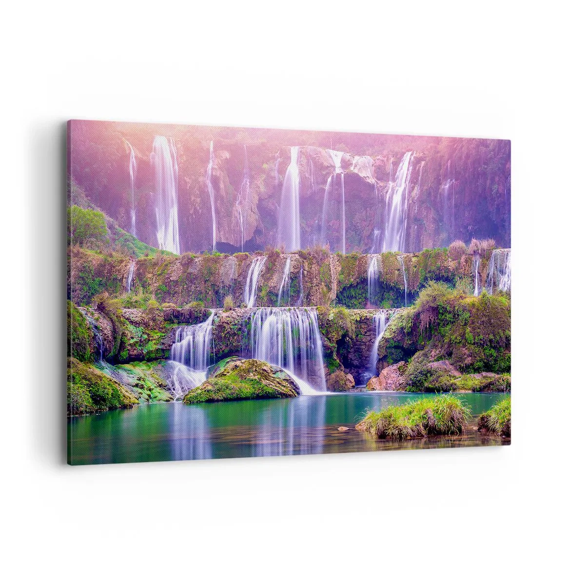 Cuadro sobre lienzo - Impresión de Imagen - Cascadas rodeadas de vegetación con iluminación pastel. - 100x70cm - Escalera al cielo - Decoración de pared moderna para salón y dormitorio ARTTOR