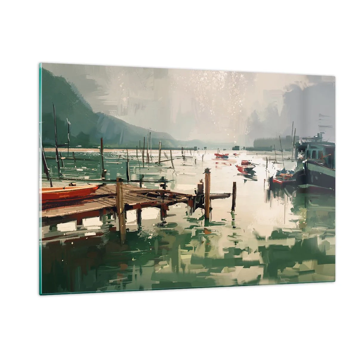 Cuadro sobre vidrio - Impresiones sobre Vidrio - Un embarcadero de madera y barcos en aguas tranquilas rodeados de montañas. - 120x80cm - Empapado en la luna fundida - Decoración de pared moderna para salón y dormitorio ARTTOR