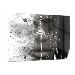 Cuadro sobre vidrio - Impresiones sobre Vidrio - Retrato con patrones étnicos en blanco y negro con efecto acuarela. - 120x80cm - Descubrimiento del espíritu original - Decoración de pared moderna para salón y dormitorio ARTTOR