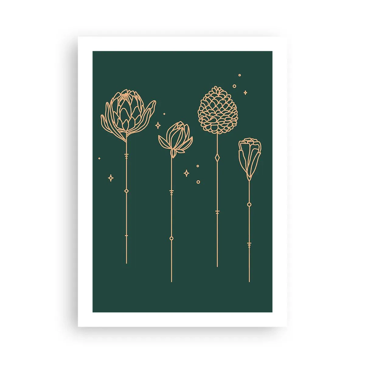 Póster - Contornos dorados de flores sobre un fondo verde oscuro. - 50x70cm - La familia vegetal - Decoración de pared moderna para salón y dormitorio ARTTOR