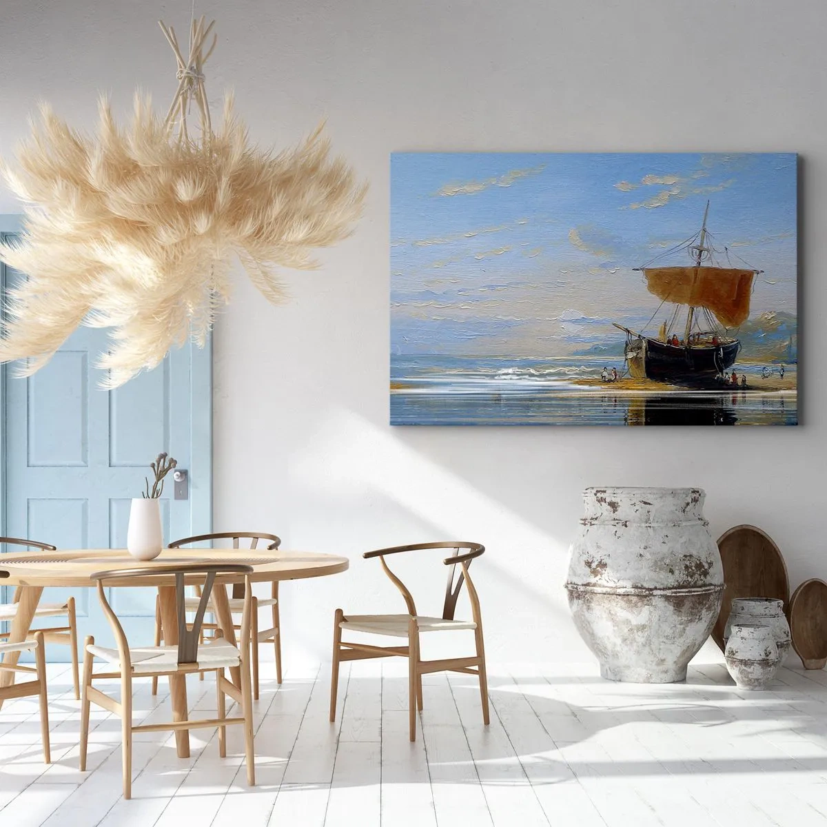 Cuadro sobre lienzo - Impresión de Imagen - Un barco en la orilla del mar en un día soleado. - 70x50cm - Agua, tierra, aire - Decoración de pared moderna para salón y dormitorio ARTTOR