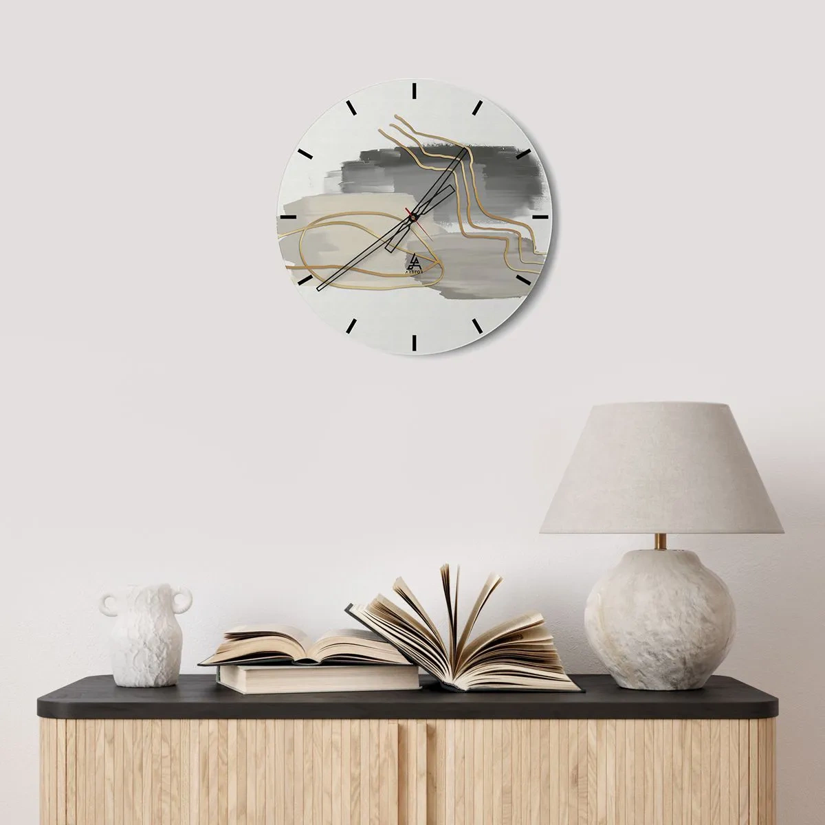 Reloj de pared - Reloj de vidrio - Composición abstracta con líneas grises y doradas. - 30x30cm - Persistencia y movimiento - Decoración de pared moderna para salón, cocina y dormitorio ARTTOR