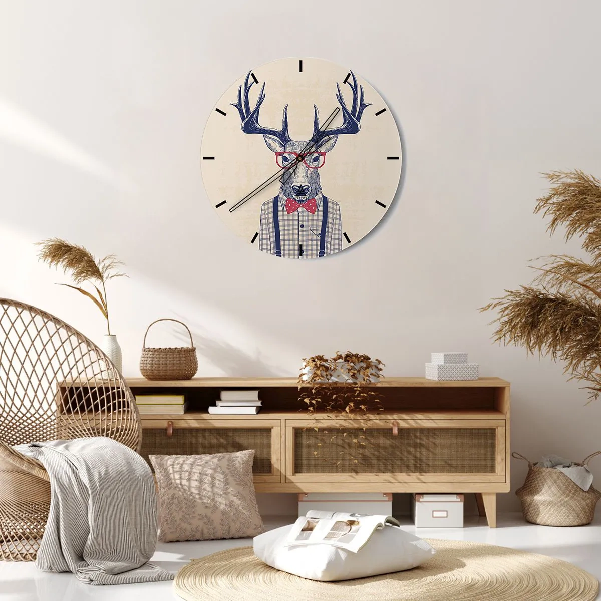 Reloj de pared - Reloj de vidrio - Un elegante reloj con la imagen de un ciervo con gafas y pajarita. - 30x30cm - Una extravagancia lúdica - Decoración de pared moderna para salón, cocina y dormitorio ARTTOR