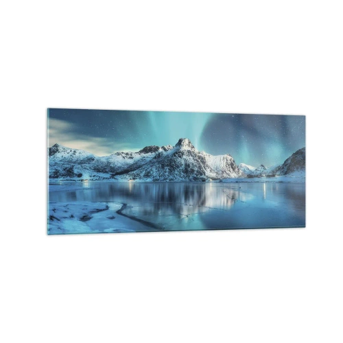 Cuadro sobre vidrio - Impresiones sobre Vidrio - Aurora boreal sobre montañas nevadas y un lago - 120x50cm - Una noche de luz - Decoración de pared moderna para salón y dormitorio ARTTOR