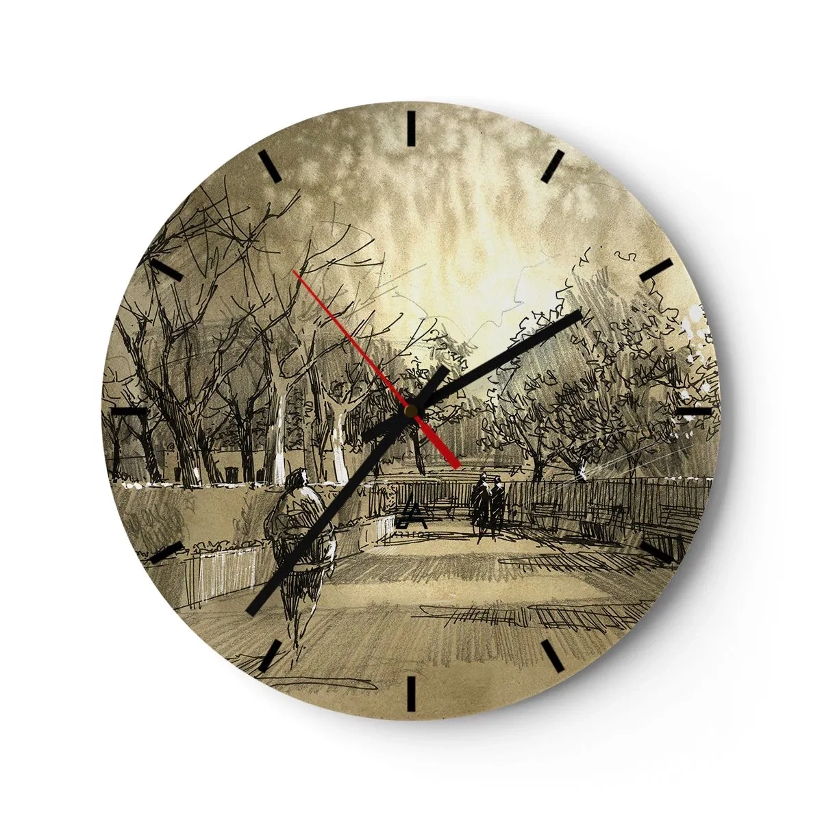 Reloj de pared - Reloj de vidrio - Boceto de un paseo por un parque con senderos y árboles. - 30x30cm - Un momento hecho a pluma - Decoración de pared moderna para salón, cocina y dormitorio ARTTOR