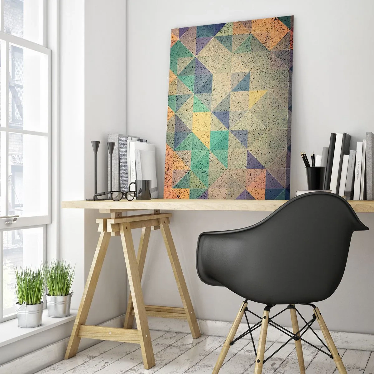 Cuadro sobre vidrio - Impresiones sobre Vidrio - Una composición colorida de triángulos geométricos en tonos pastel. - 80x120cm - República de los triángulos - Decoración de pared moderna para salón y dormitorio ARTTOR