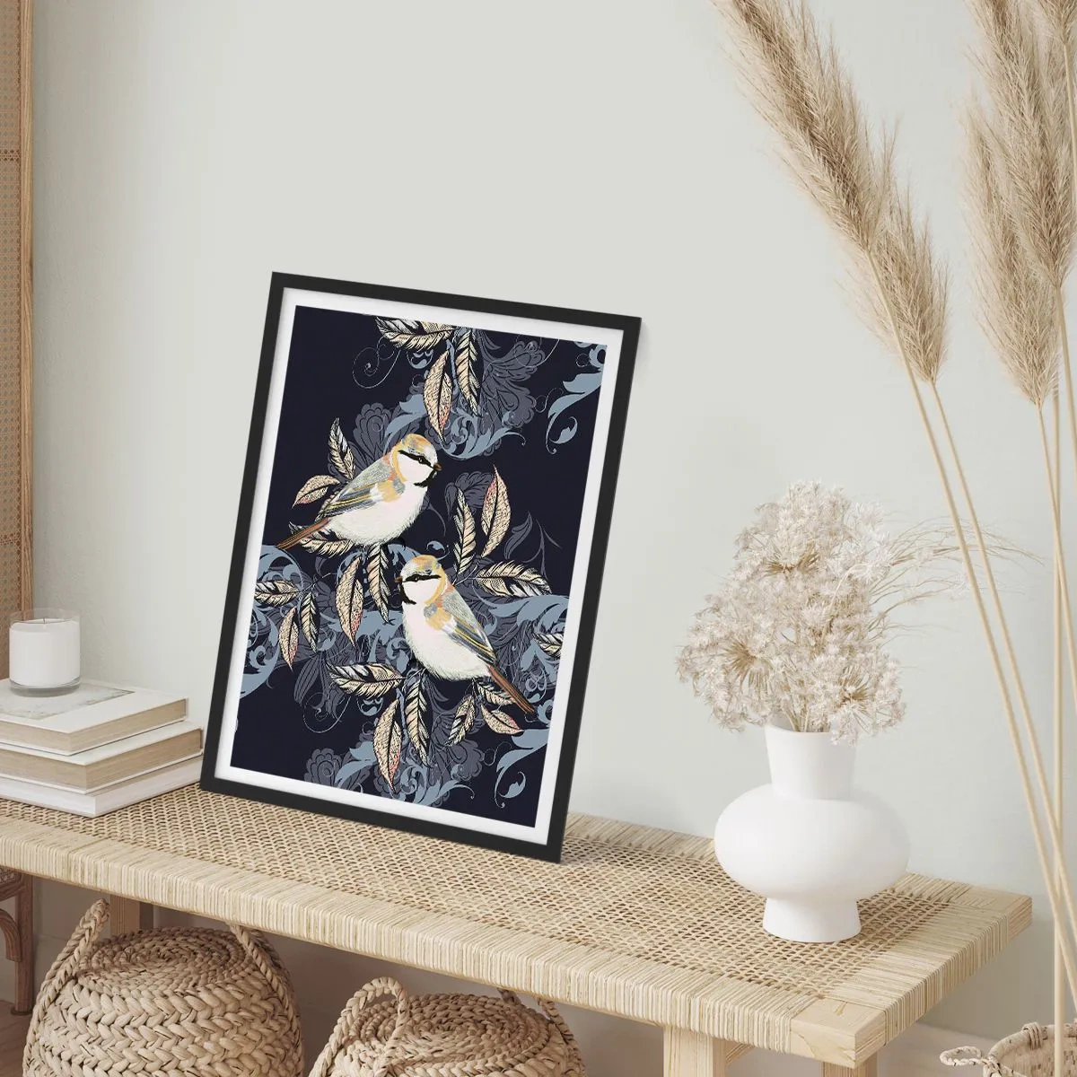 Póster en marco negro - Dos pájaros sobre un fondo de hojas decorativas y adornos. - 50x70cm - En la copa del árbol - Decoración de pared moderna para salón y dormitorio ARTTOR