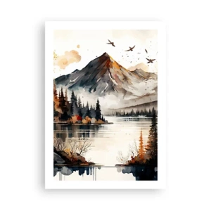 Póster - Paisaje otoñal de montaña sobre un lago tranquilo - 50x70cm - Otoño dorado en las montañas - Decoración de pared moderna para salón y dormitorio ARTTOR