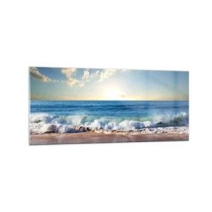 Cuadro sobre vidrio - Impresiones sobre Vidrio - Una playa soleada con olas rompiendo en la orilla. - 120x50cm - Movimiento y quietud al mismo tiempo - Decoración de pared moderna para salón y dormitorio ARTTOR