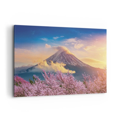 Cuadro sobre lienzo - Impresión de Imagen - Monte Fuji con flores de cerezo al fondo al atardecer - 120x80cm - La santidad japonesa - Decoración de pared moderna para salón y dormitorio ARTTOR