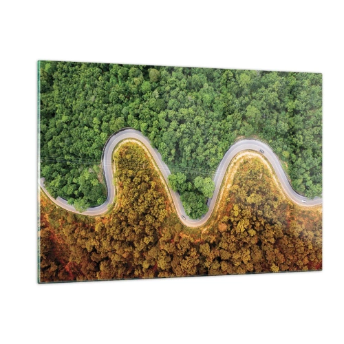 Cuadro sobre vidrio - Impresiones sobre Vidrio - Un camino sinuoso a través de un denso bosque visto a vista de pájaro. - 120x80cm - Frontera serpenteante - Decoración de pared moderna para salón y dormitorio ARTTOR