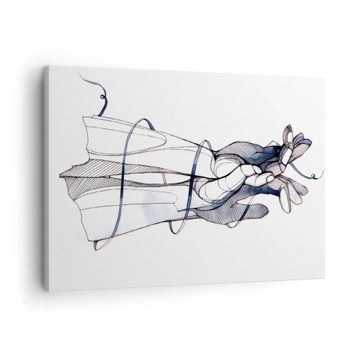 Cuadro sobre lienzo - Impresión de Imagen - Un dibujo sutil de una mano con una delicada flor. - 70x50cm - Un estudio sobre el contacto - Decoración de pared moderna para salón y dormitorio ARTTOR