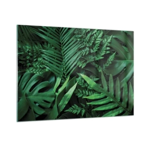 Cuadro sobre vidrio - Impresiones sobre Vidrio - Densas hojas verdes de plantas tropicales en la composición. - 100x70cm - Abrazo verde - Decoración de pared moderna para salón y dormitorio ARTTOR