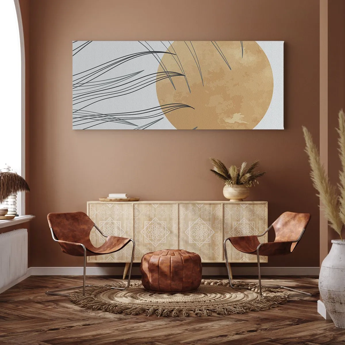 Cuadro sobre lienzo - Impresión de Imagen - Hojas de hierba abstractas contra el fondo de un gran sol naranja - 120x50cm - Siempre hacia el sol - Decoración de pared moderna para salón y dormitorio ARTTOR