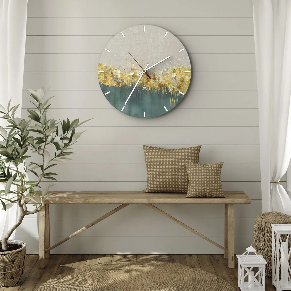 Reloj de pared - Reloj de vidrio - Una línea abstracta dorada que separa el fondo de la vegetación. - 30x30cm - La frontera dorada - Decoración de pared moderna para salón, cocina y dormitorio ARTTOR