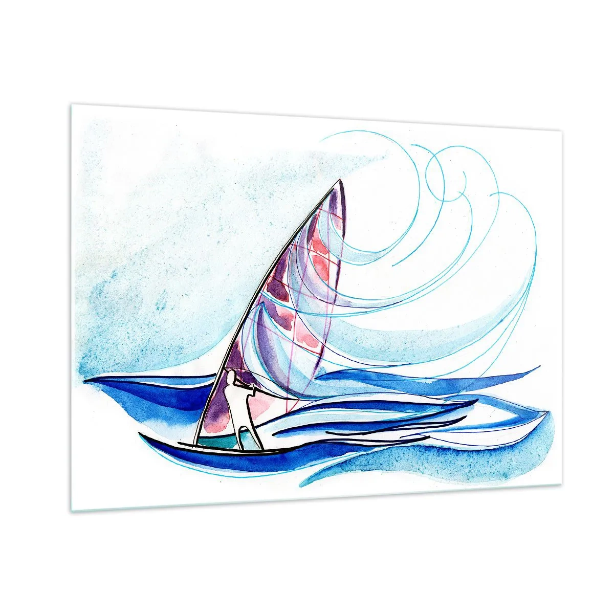 Cuadro sobre vidrio - Impresiones sobre Vidrio - Un velero sobre las olas en estilo acuarela. - 100x70cm - Con el viento al ritmo de las olas - Decoración de pared moderna para salón y dormitorio ARTTOR