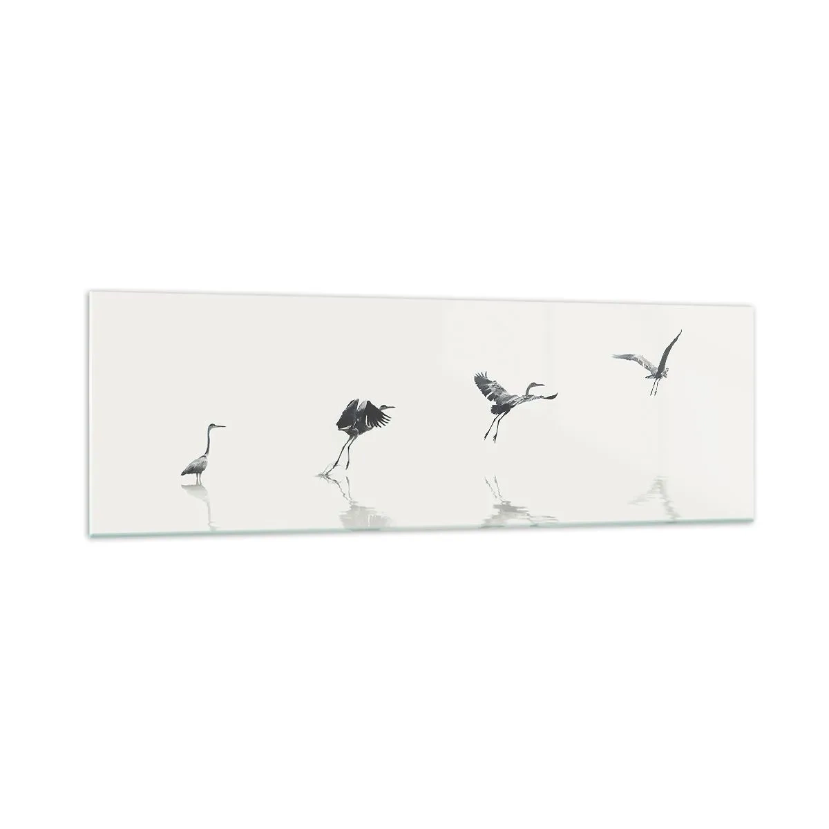 Cuadro sobre vidrio - Impresiones sobre Vidrio - Cuatro siluetas de aves reflejadas en el agua tranquila. - 160x50cm - Cuatro sencillos pasos para despegar - Decoración de pared moderna para salón y dormitorio ARTTOR