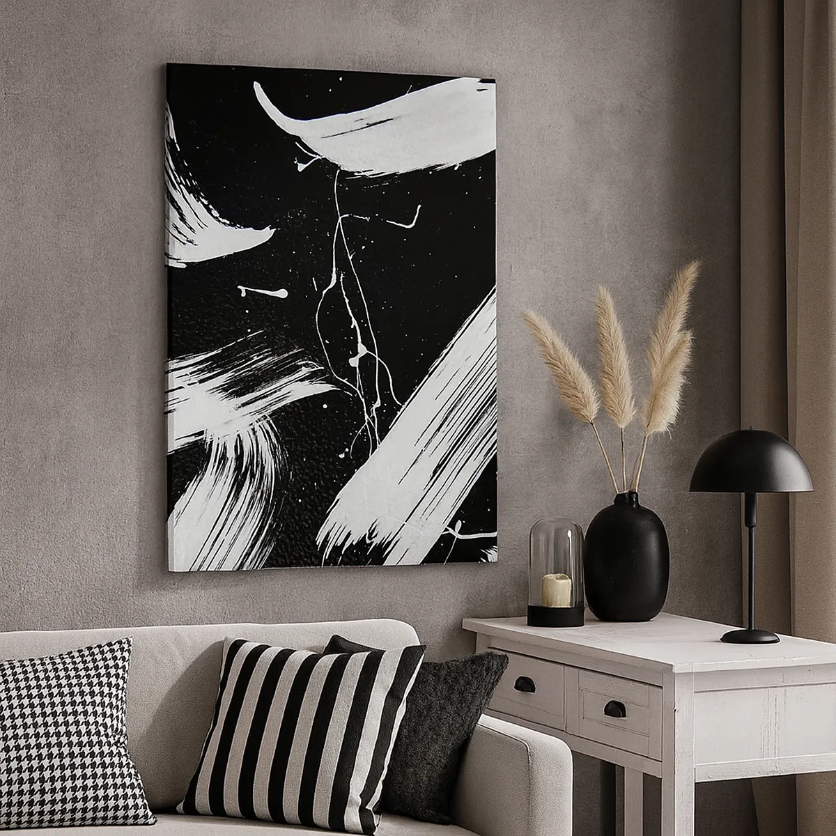 Cuadro sobre lienzo - Impresión de Imagen - Trazos blancos abstractos sobre un fondo negro - 50x70cm - Rompiendo la oscuridad - Decoración de pared moderna para salón y dormitorio ARTTOR