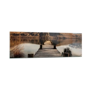 Cuadro sobre vidrio - Impresiones sobre Vidrio - Un muelle de madera sobre un lago rodeado de pintorescas colinas. - 160x50cm - Un paisaje en silencio - Decoración de pared moderna para salón y dormitorio ARTTOR
