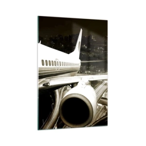 Cuadro sobre vidrio - Impresiones sobre Vidrio - Un avión sobre una ciudad nocturna con carreteras iluminadas. - 70x100cm - Vuela hacia la noche - Decoración de pared moderna para salón y dormitorio ARTTOR