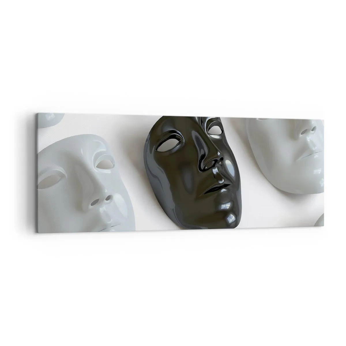 Cuadro sobre lienzo - Impresión de Imagen - Máscaras en blanco y negro sobre un fondo claro - 140x50cm - ¿Cómo destacar? - Decoración de pared moderna para salón y dormitorio ARTTOR