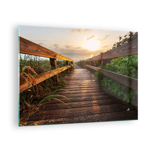 Cuadro sobre vidrio - Impresiones sobre Vidrio - Pasarela de madera que conduce a la playa al atardecer - 70x50cm - Y directamente a la orilla - Decoración de pared moderna para salón y dormitorio ARTTOR