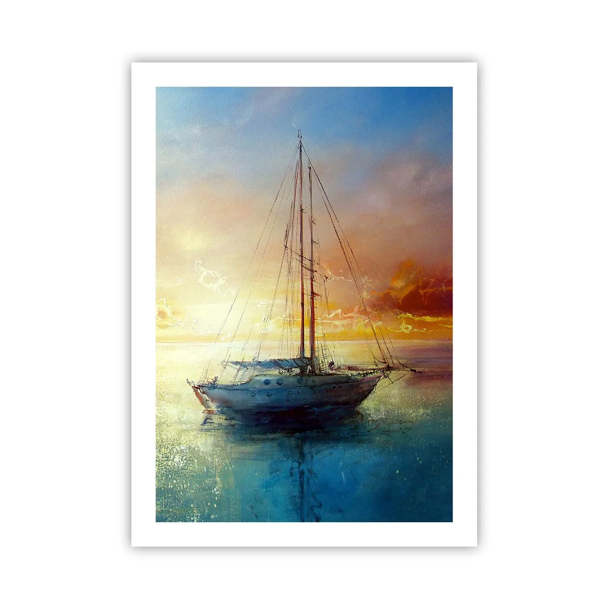 Póster - Un yate en un mar tranquilo al atardecer. - 50x70cm - En una bahía dorada - Decoración de pared moderna para salón y dormitorio ARTTOR