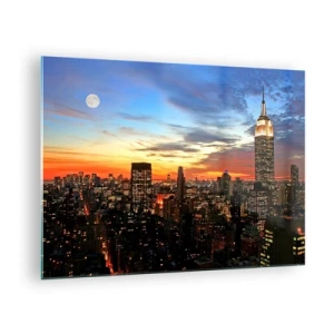 Cuadro sobre vidrio - Impresiones sobre Vidrio - Panorama nocturno de la ciudad con edificios iluminados. - 70x50cm - Una luminosa noche americana - Decoración de pared moderna para salón y dormitorio ARTTOR