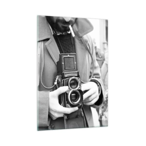 Cuadro sobre vidrio - Impresiones sobre Vidrio - Fotografía en blanco y negro de un hombre con una cámara retro. - 80x120cm - En estilo retro - Decoración de pared moderna para salón y dormitorio ARTTOR