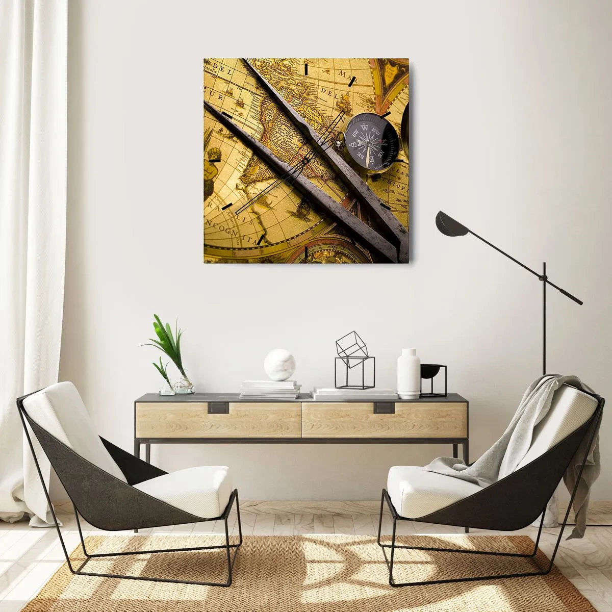 Reloj de pared - Reloj de vidrio - Un mapa del mundo antiguo con una brújula y un par de brújulas en el fondo. - 30x30cm - ¿Dónde están los tesoros? - Decoración de pared moderna para salón y dormitorio ARTTOR