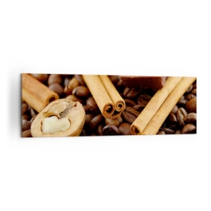 Cuadro sobre lienzo - Impresión de Imagen - Granos de café con ramas de canela, chocolate y nueces. - 160x50cm - Concierto de aromas - Decoración de pared moderna para salón y dormitorio ARTTOR