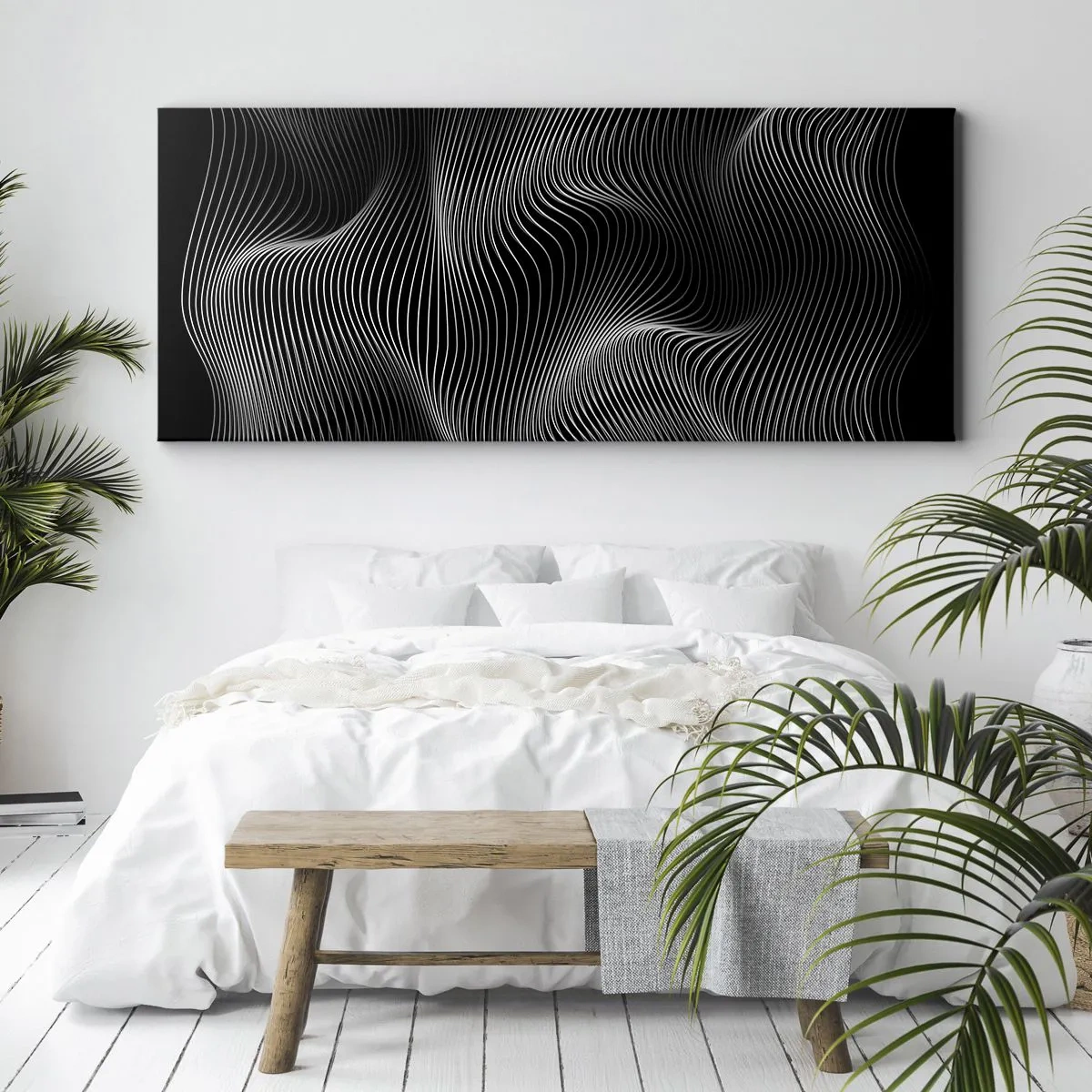 Cuadro sobre lienzo - Impresión de Imagen - Líneas blancas abstractas sobre un fondo negro - 140x50cm - La danza de la luz en el espacio - Decoración de pared moderna para salón y dormitorio ARTTOR