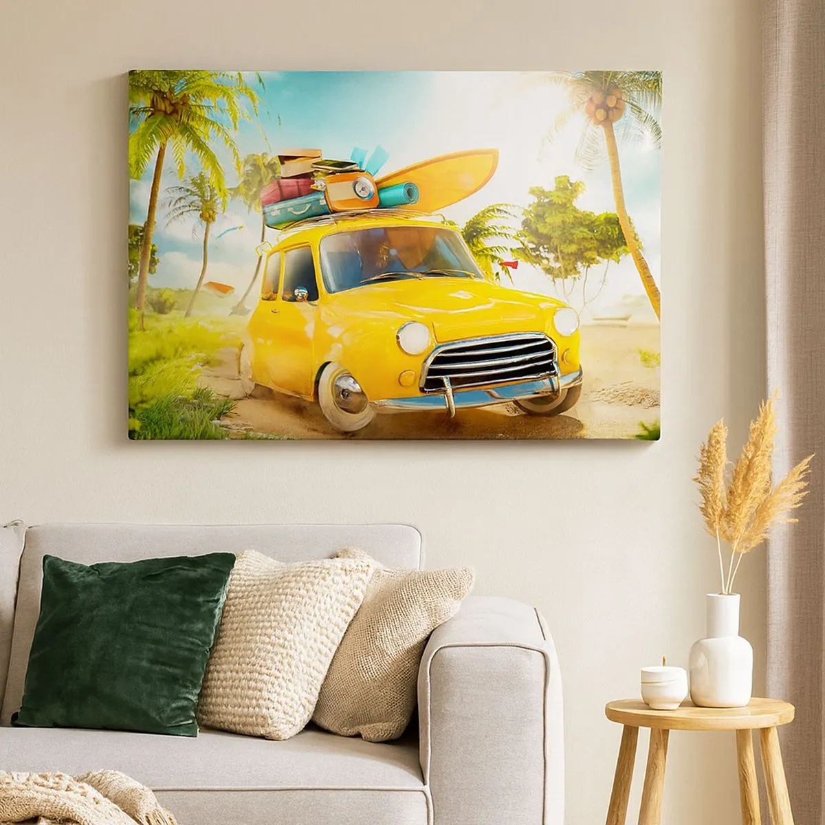 Cuadro sobre lienzo - Impresión de Imagen - Un coche amarillo con equipaje frente a un paisaje tropical. - 70x50cm - Un viaje para más de una sonrisa - Decoración de pared moderna para salón y dormitorio ARTTOR