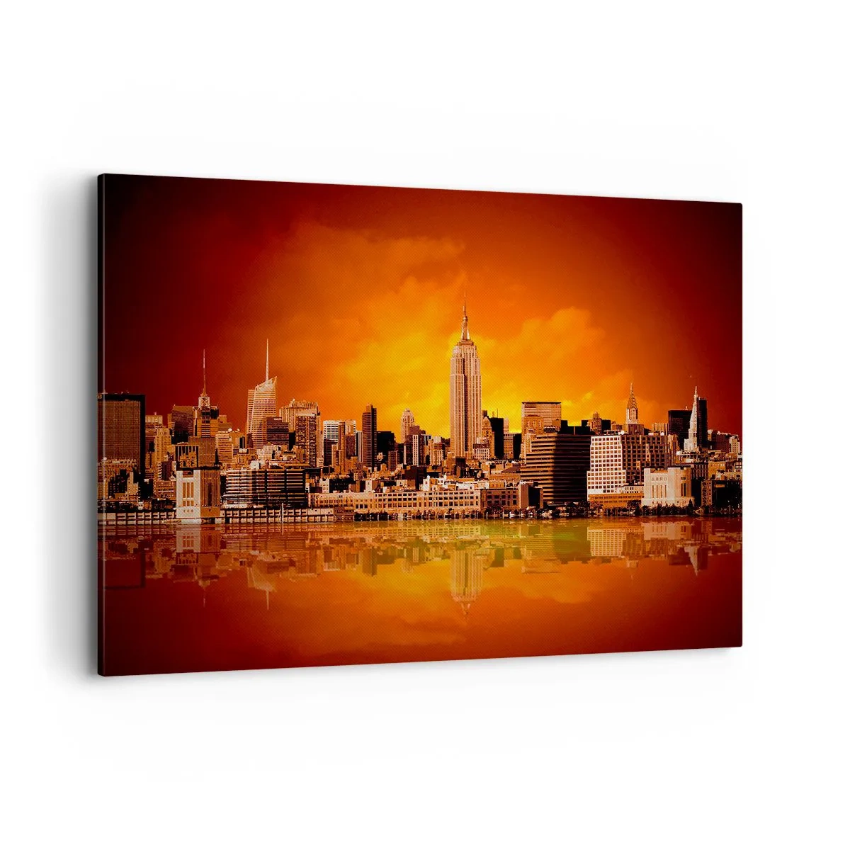 Cuadro sobre lienzo - Impresión de Imagen - Panorama de la ciudad al atardecer con edificios reflejados en el agua. - 100x70cm - Un panorama de la ciudad en amarillo y marrón - Decoración de pared moderna para salón y dormitorio ARTTOR