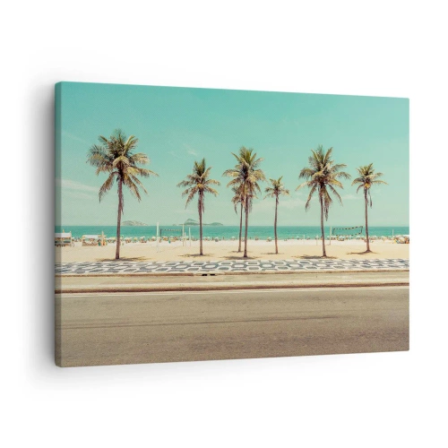 Cuadro sobre lienzo - Impresión de Imagen - Palmeras en la playa con vistas al mar y al cielo azul. - 70x50cm - En la playa - Decoración de pared moderna para salón y dormitorio ARTTOR