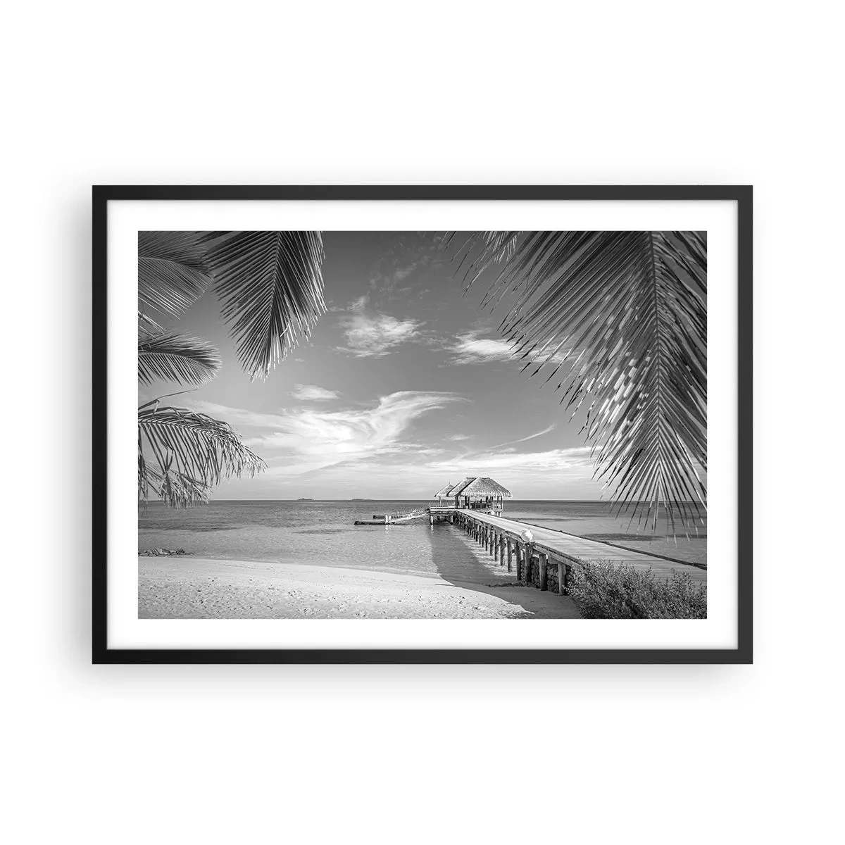 Póster en marco negro - Playa blanca y negra con muelle y palmeras en una costa tropical - 70x50cm - ¿Un recuerdo o un sueño? - Decoración de pared moderna para salón y dormitorio ARTTOR